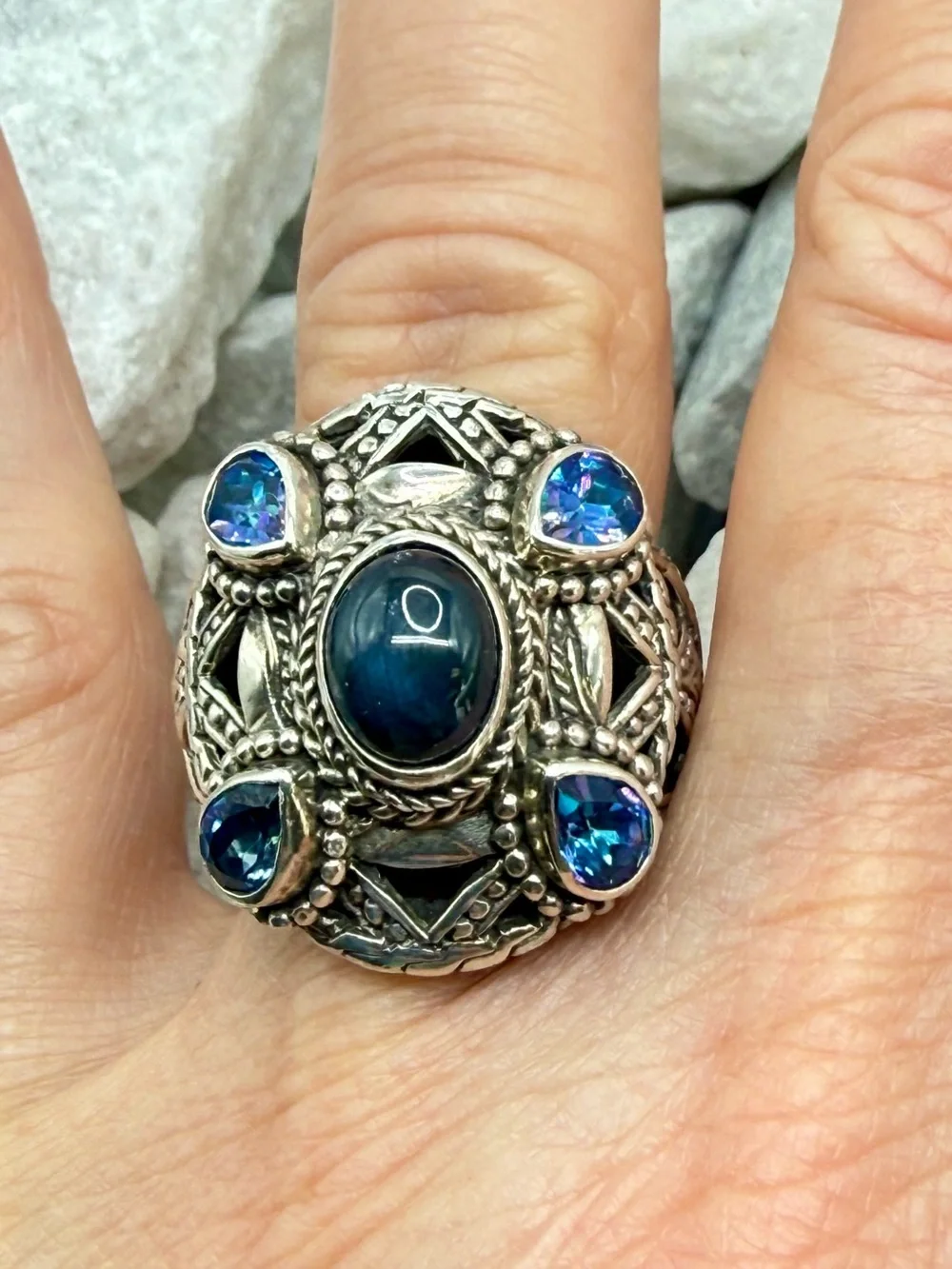 Vintage SARDA 925 Sterling Silver Sapphire Blue Topaz Statement Ring Size 8 EUC